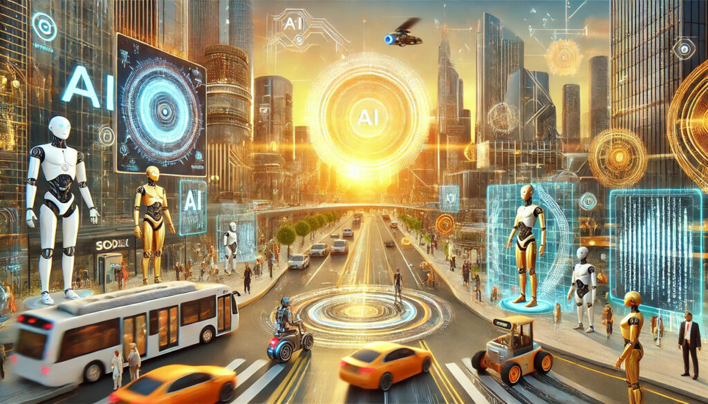 Natuurlijk! Hier is de alt-tekst voor de afbeelding: "Een futuristisch tafereel van een nieuwe gouden eeuw van AI. Geavanceerde AI-robots en mensen werken harmonieus samen in een technologisch geavanceerde stad met strakke, moderne architectuur, hoge wolkenkrabbers, holografische advertenties en autonome voertuigen. De scène is helder en levendig met veel gouden accenten en een ondergaande zon die een gouden gloed over de stad werpt."