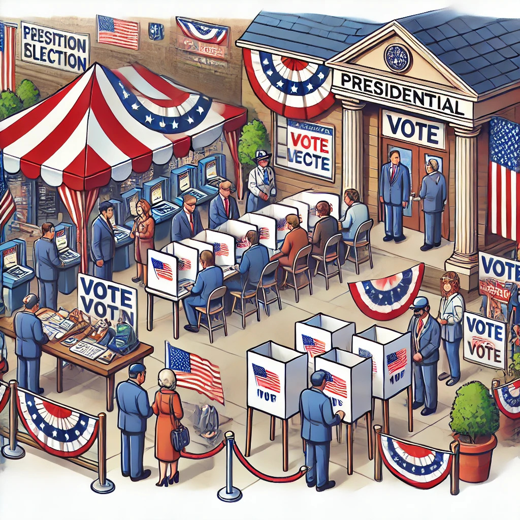 "Illustratie van een Amerikaanse presidentsverkiezing. Mensen staan in de rij bij een stemlokaal, waar verkiezingshokjes en ambtenaren te zien zijn. Amerikaanse vlaggen en patriottische versieringen sieren het stemlokaal. Er zijn ook campagneposters en borden voor verschillende kandidaten. De sfeer is druk en gevuld met een gevoel van burgerplicht en opwinding."
