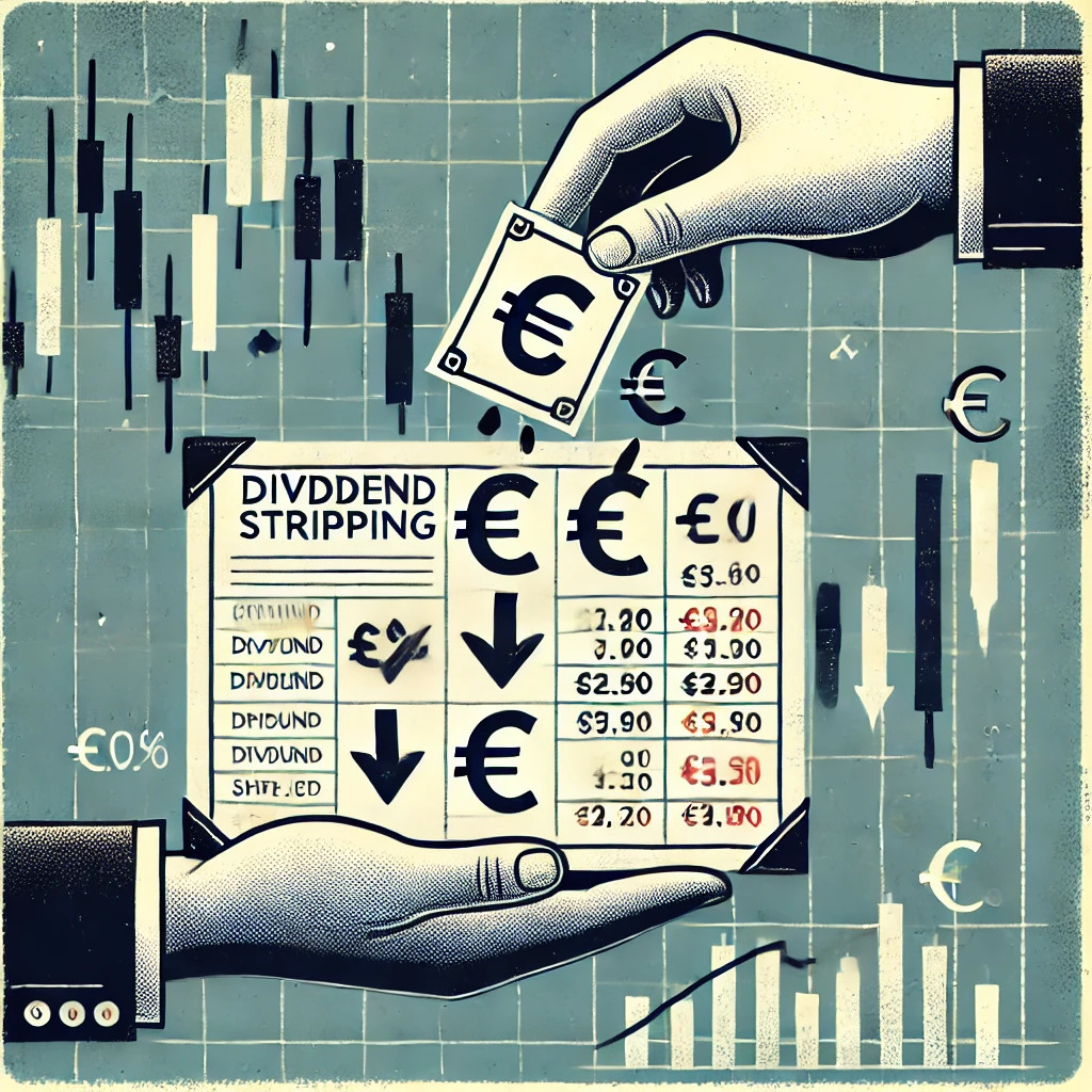 Illustratie van het concept dividendstrippen. De afbeelding toont een aandelenmarktgrafiek met een zichtbare prijsdaling na een dividenduitkering. Eurotekens (€) vallen uit een aandeelcertificaat, wat de dividenduitkering symboliseert. Twee handen zijn zichtbaar: de ene hand ontvangt het aandeel vóór de uitkering, terwijl de andere hand het snel daarna verkoopt. De achtergrond bevat subtiele financiële en marktsymbolen om het thema te versterken.